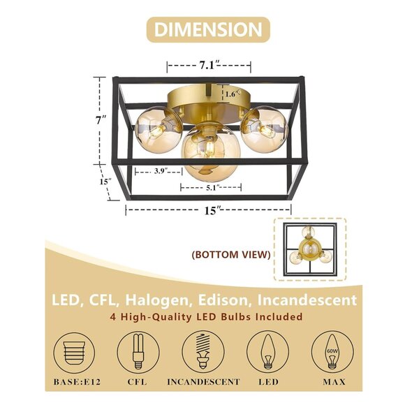 4-Light Flush Mount Lighting Fixture - Matte Black Frame with Gold Base - Picture 6 of 6